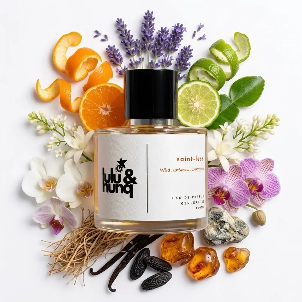 Saint-less surrounded by orange peel, vanilla pods, lavender and orchids